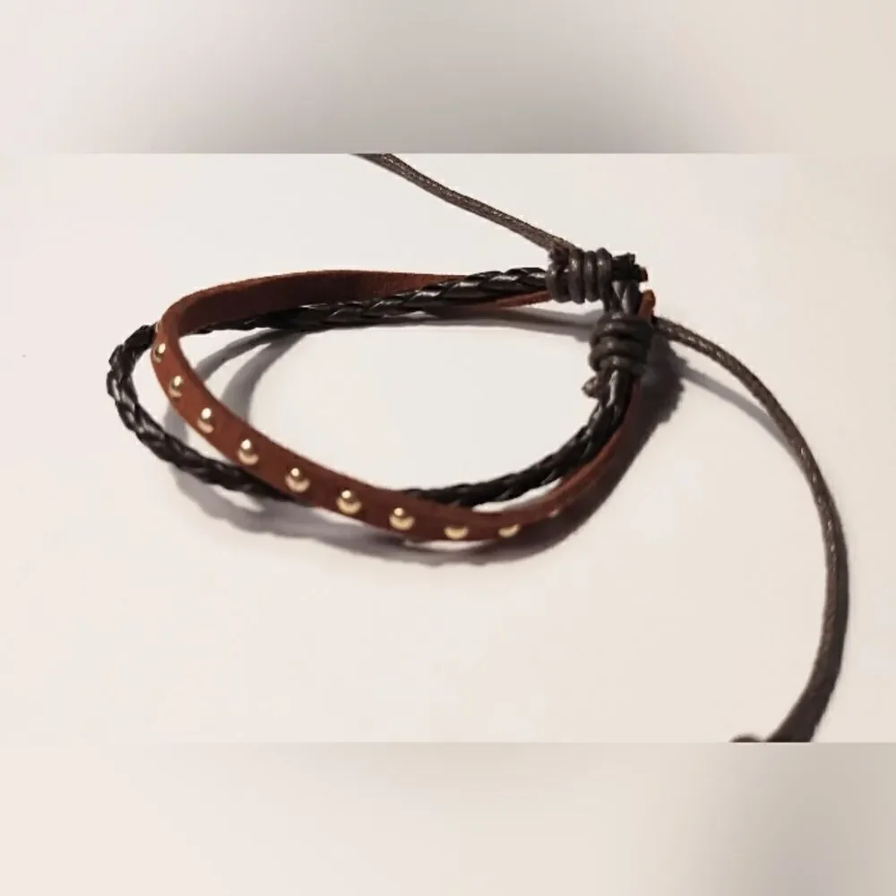 Men's leather bracelet‎ layered braided brown new d9